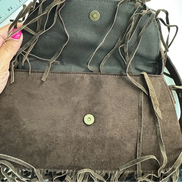 Boho Fringe Crossbody Bag Brown Suede Embroidered Floral Festival Hippie Purse - Picture 6 of 10